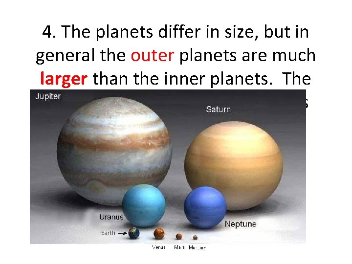 4. The planets differ in size, but in general the outer planets are much