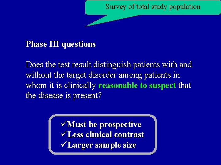 Survey of total study population Phase III questions Does the test result distinguish patients