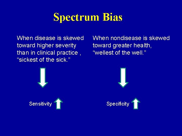 Spectrum Bias When disease is skewed toward higher severity than in clinical practice ,