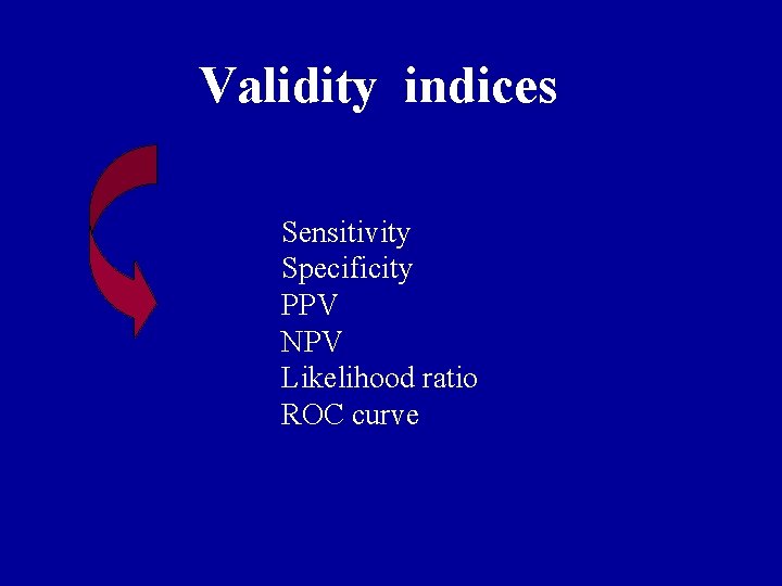 Validity indices Sensitivity Specificity PPV NPV Likelihood ratio ROC curve 