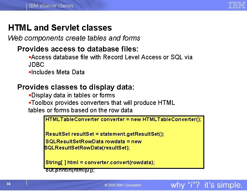 IBM e. Server i. Series HTML and Servlet classes Web components create tables and