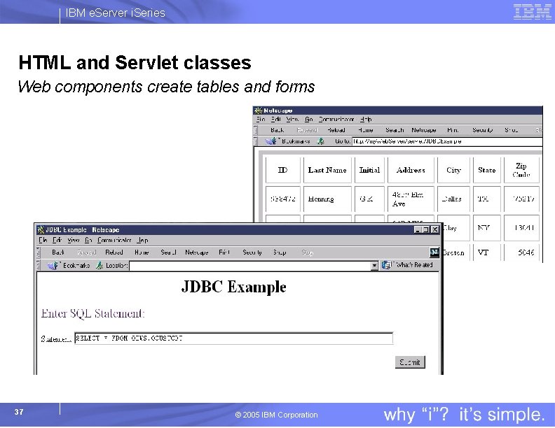 IBM e. Server i. Series HTML and Servlet classes Web components create tables and