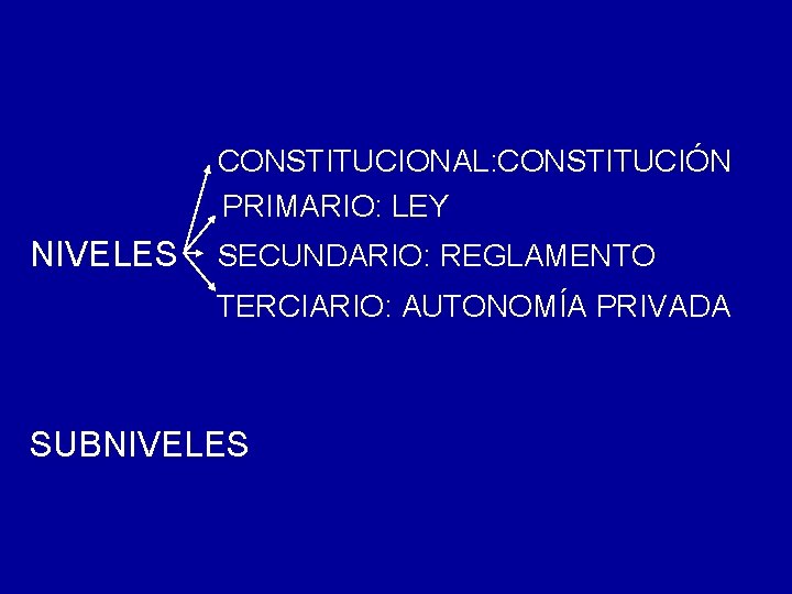 CONSTITUCIONAL: CONSTITUCIÓN PRIMARIO: LEY NIVELES SECUNDARIO: REGLAMENTO TERCIARIO: AUTONOMÍA PRIVADA SUBNIVELES 