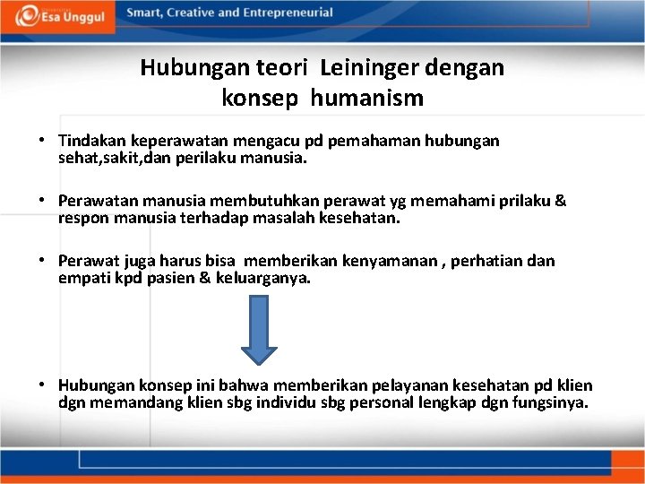 Hubungan teori Leininger dengan konsep humanism • Tindakan keperawatan mengacu pd pemahaman hubungan sehat,