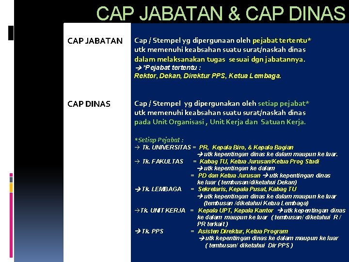 CAP JABATAN & CAP DINAS CAP JABATAN Cap / Stempel yg dipergunaan oleh pejabat