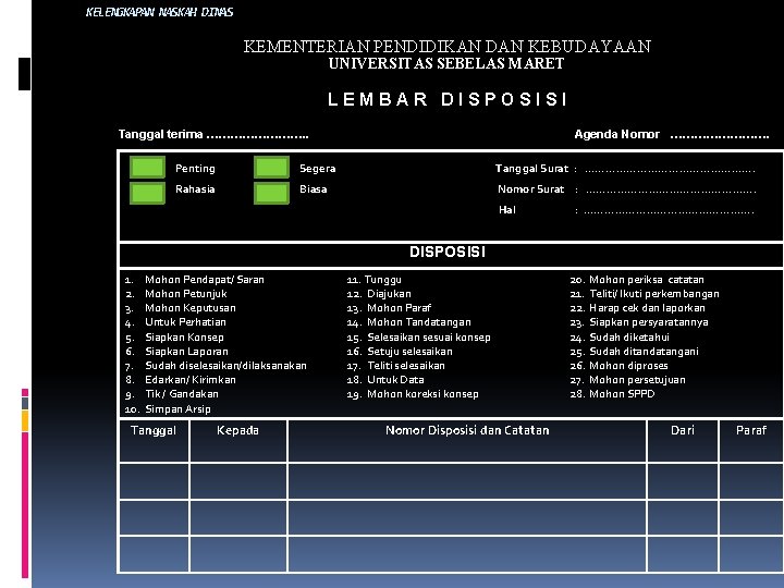 KELENGKAPAN NASKAH DINAS KEMENTERIAN PENDIDIKAN DAN KEBUDAYAAN UNIVERSITAS SEBELAS MARET LEMBAR DISPOSISI Tanggal terima