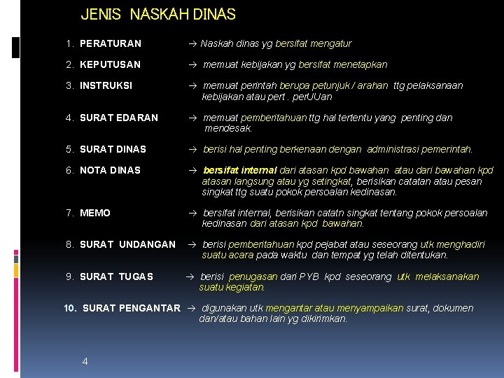 JENIS NASKAH DINAS 1. PERATURAN Naskah dinas yg bersifat mengatur 2. KEPUTUSAN memuat kebijakan