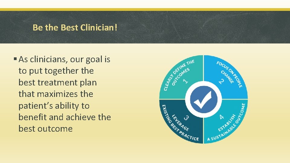 Be the Best Clinician! § As clinicians, our goal is to put together the