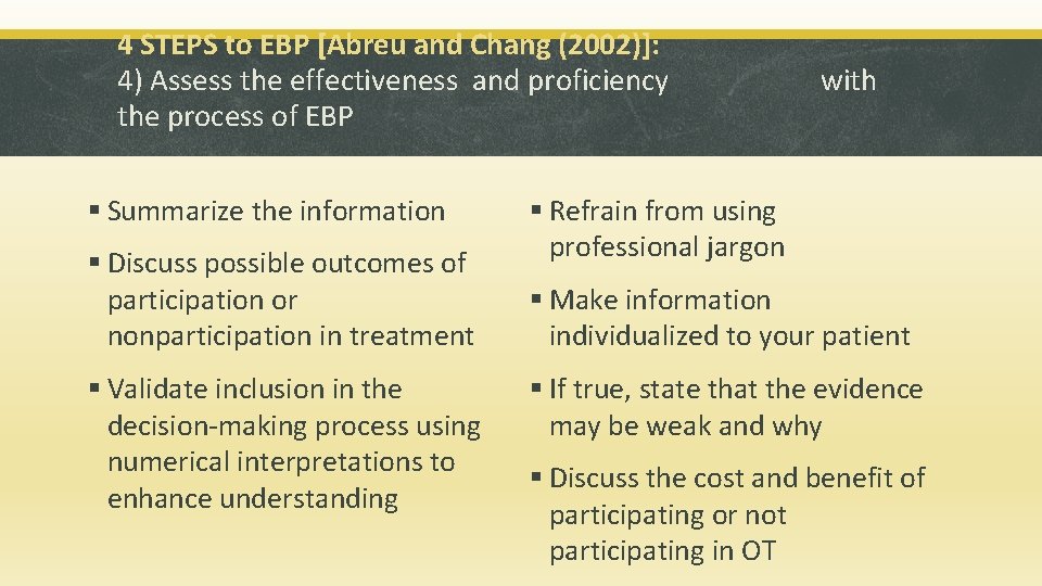 4 STEPS to EBP [Abreu and Chang (2002)]: 4) Assess the effectiveness and proficiency