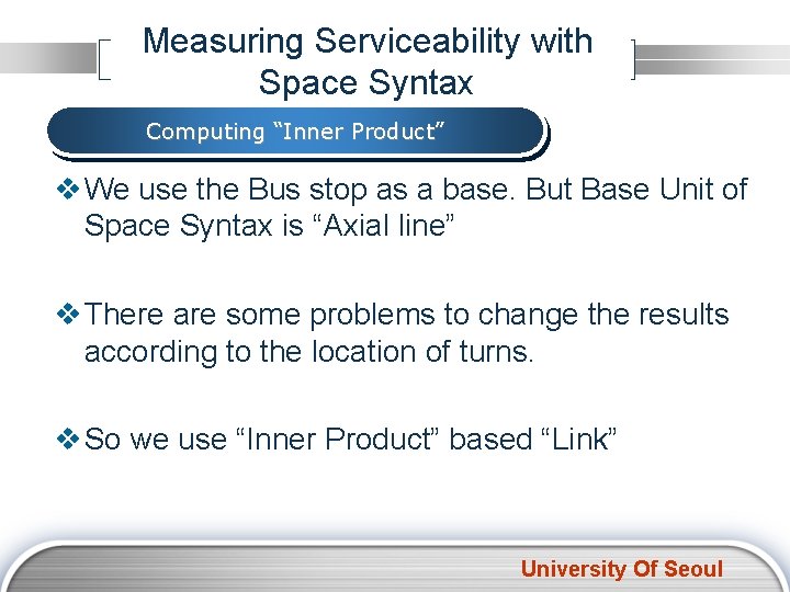 Measuring Serviceability with Space Syntax Computing “Inner Product” v We use the Bus stop