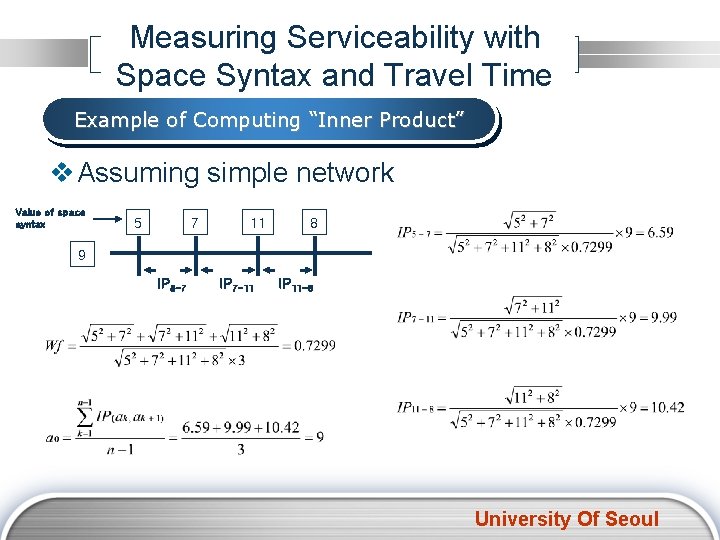Measuring Serviceability with Space Syntax and Travel Time Example of Computing “Inner Product” v