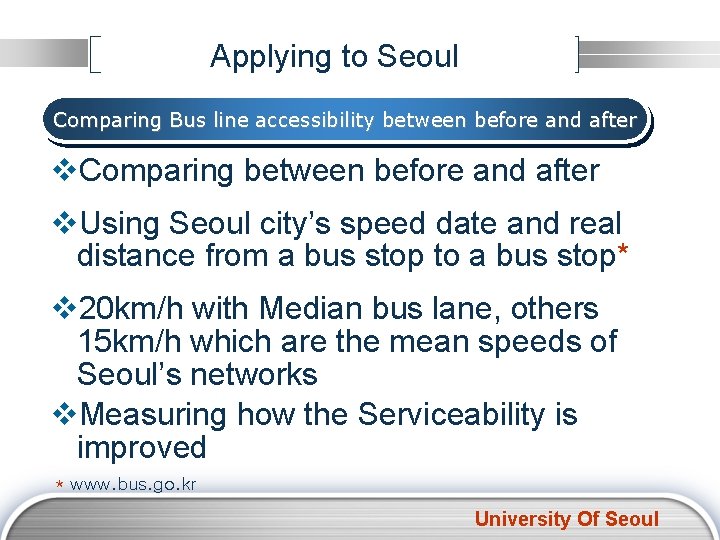 Applying to Seoul Comparing Bus line accessibility between before and after v. Comparing between