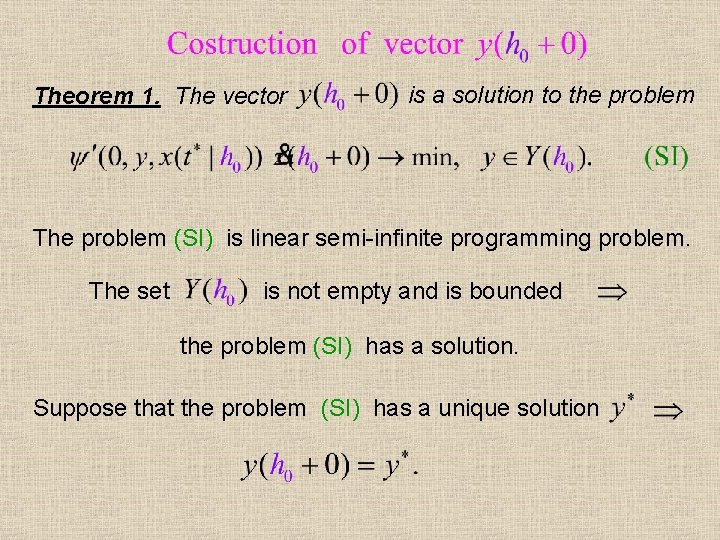 Theorem 1. The vector is a solution to the problem The problem (SI) is