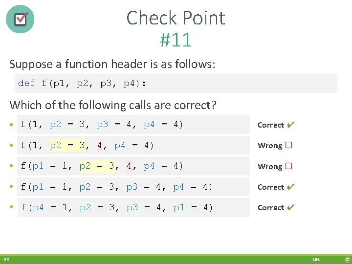 Check Point #11 Suppose a function header is as follows: def f(p 1, p