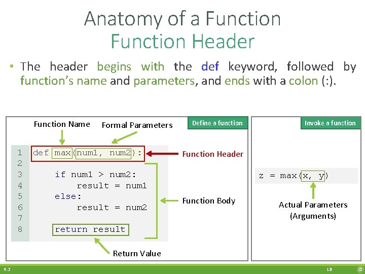 Anatomy of a Function Header • The header begins with the def keyword, followed