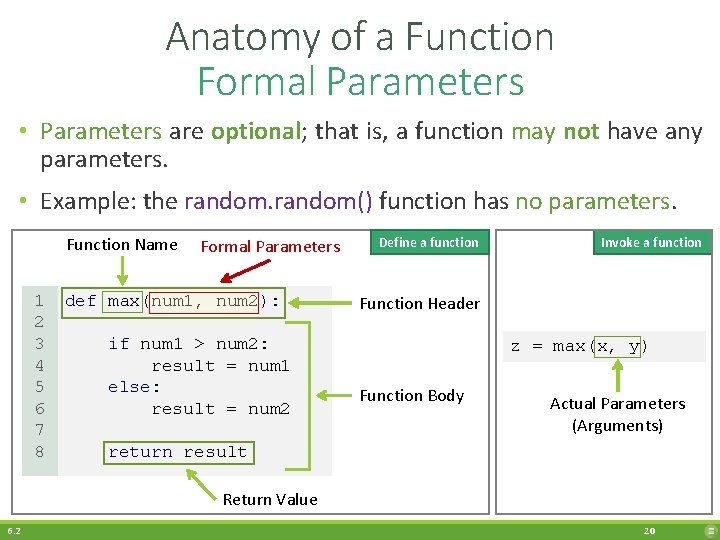 Anatomy of a Function Formal Parameters • Parameters are optional; that is, a function