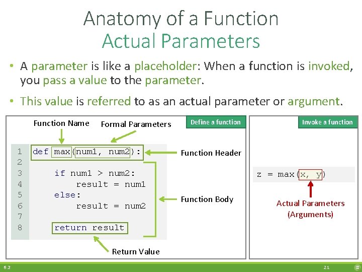 Anatomy of a Function Actual Parameters • A parameter is like a placeholder: When