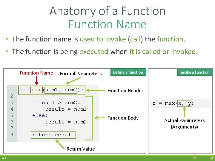 Anatomy of a Function Name • The function name is used to invoke (call)