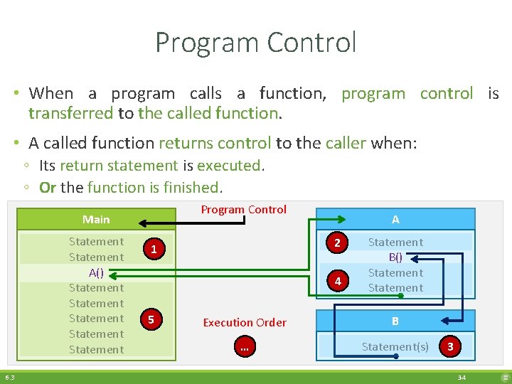 Program Control • When a program calls a function, program control is transferred to