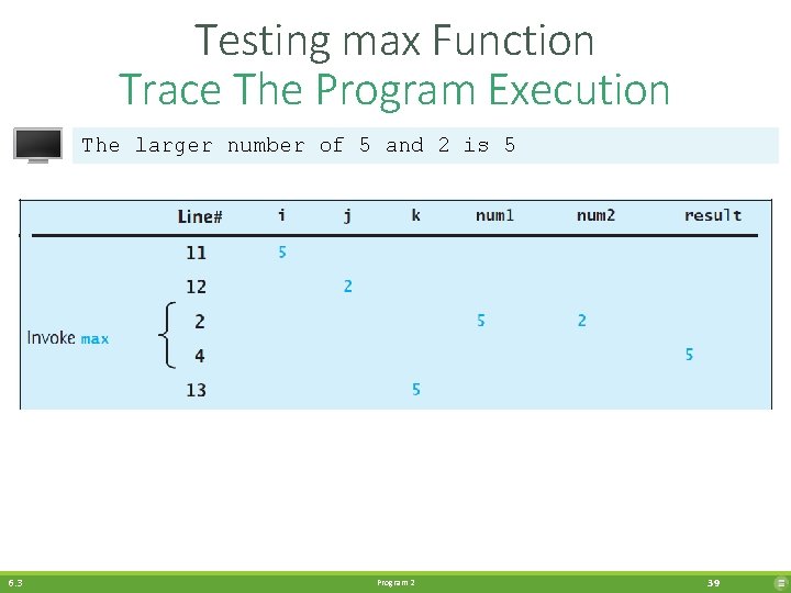 Testing max Function Trace The Program Execution The larger number of 5 and 2