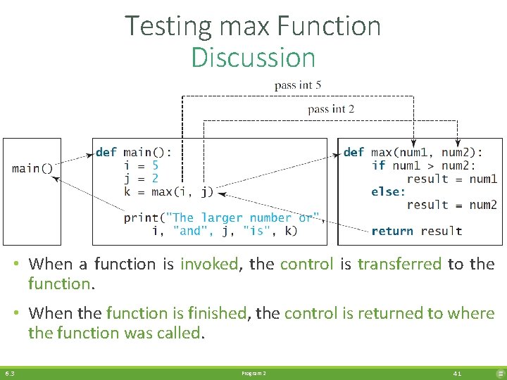 Testing max Function Discussion • When a function is invoked, the control is transferred