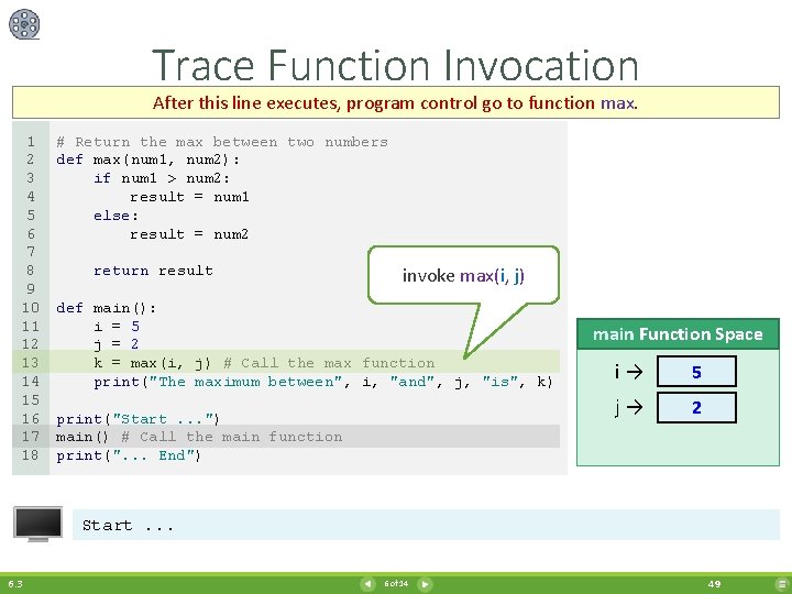 Trace Function Invocation After this line executes, program control go to function max. 1