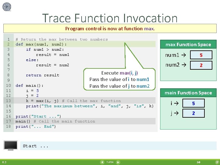 Trace Function Invocation Program control is now at function max. 1 2 3 4