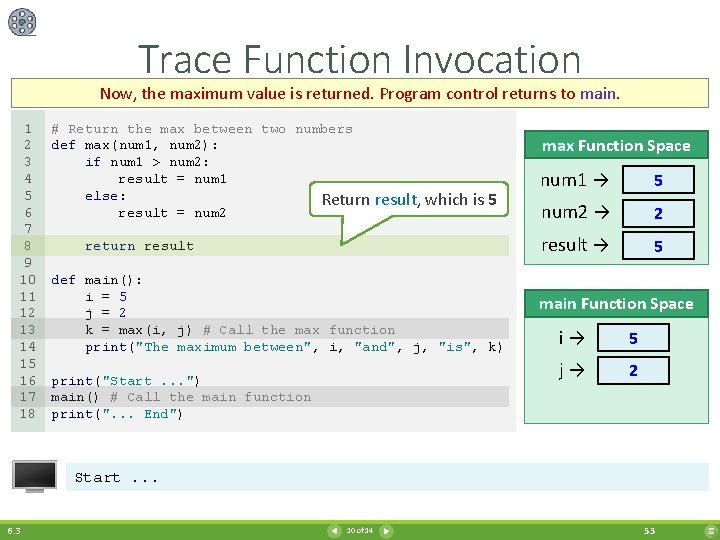 Trace Function Invocation Now, the maximum value is returned. Program control returns to main.