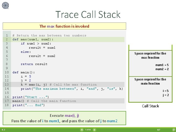 Trace Call Stack The max function is invoked 1 2 3 4 5 6