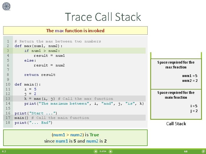 Trace Call Stack The max function is invoked 1 2 3 4 5 6