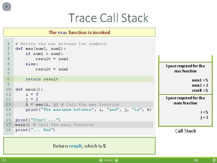 Trace Call Stack The max function is invoked 1 2 3 4 5 6