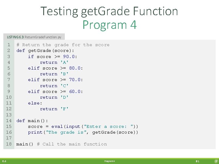 Testing get. Grade Function Program 4 LISTING 6. 3 Return. Grade. Function. py 1