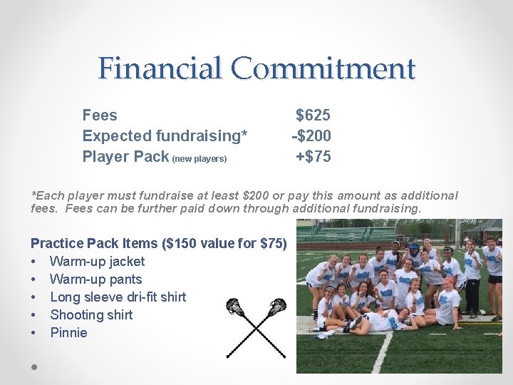 Financial Commitment Fees Expected fundraising* Player Pack (new players) $625 -$200 +$75 *Each player