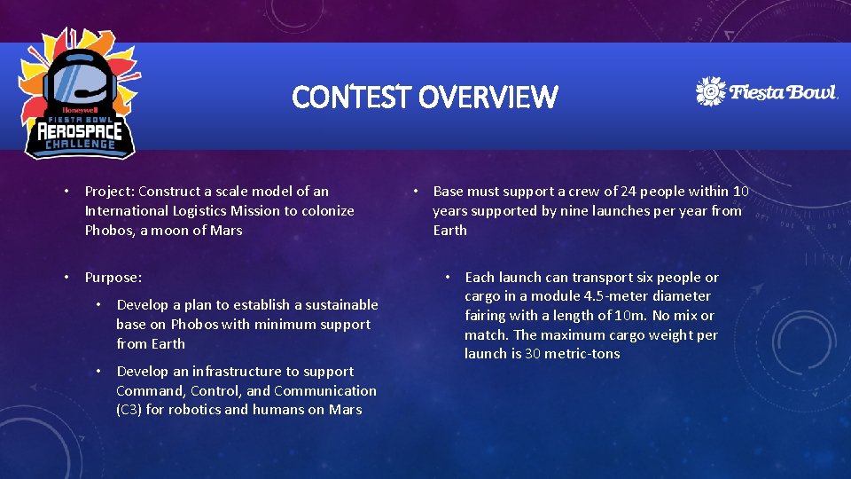 CONTEST OVERVIEW • Project: Construct a scale model of an International Logistics Mission to