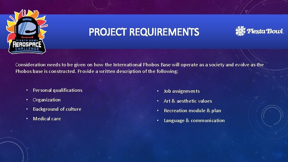 PROJECT REQUIREMENTS Consideration needs to be given on how the International Phobos Base will