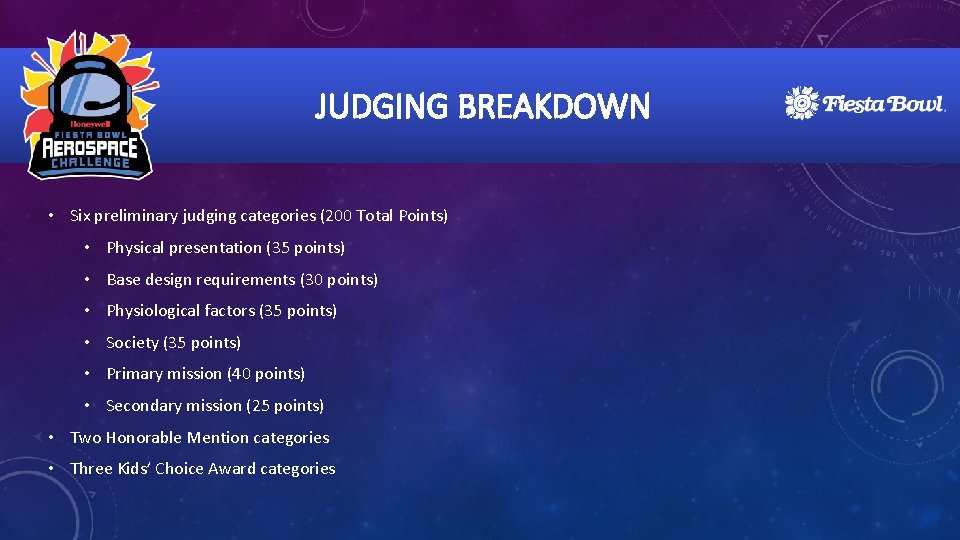 JUDGING BREAKDOWN • Six preliminary judging categories (200 Total Points) • Physical presentation (35