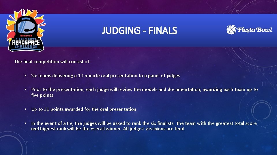 JUDGING - FINALS The final competition will consist of: • Six teams delivering a