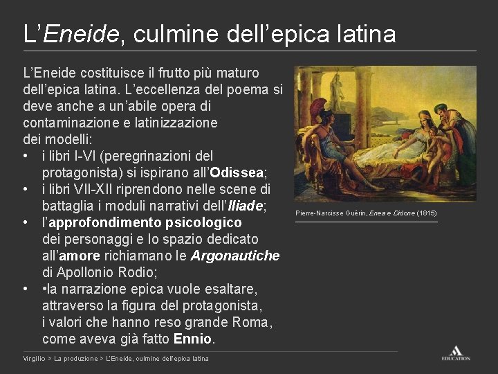L’Eneide, culmine dell’epica latina L’Eneide costituisce il frutto più maturo dell’epica latina. L’eccellenza del