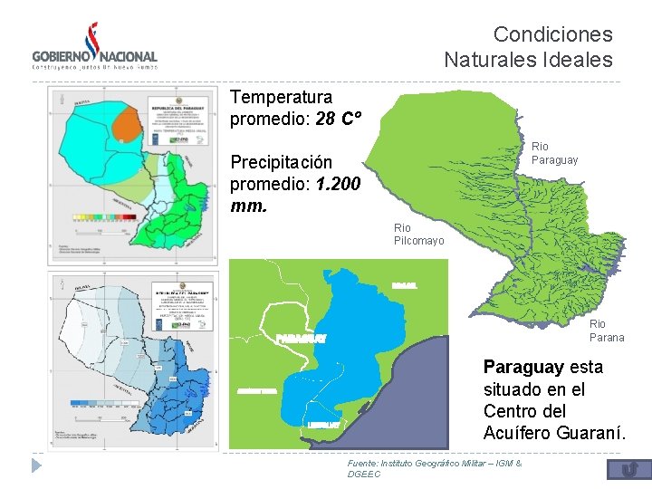 Condiciones Naturales Ideales Temperatura promedio: 28 Cº Rio Paraguay Precipitación promedio: 1. 200 mm.