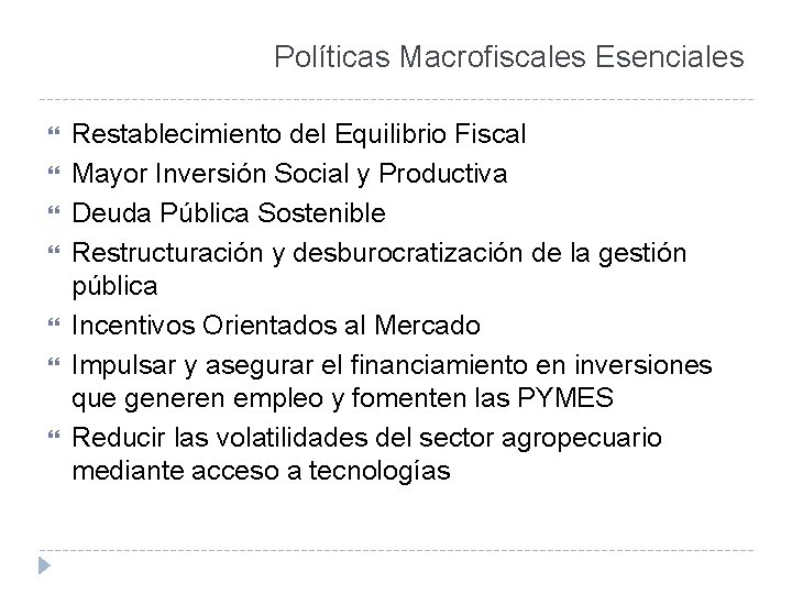 Políticas Macrofiscales Esenciales Restablecimiento del Equilibrio Fiscal Mayor Inversión Social y Productiva Deuda Pública