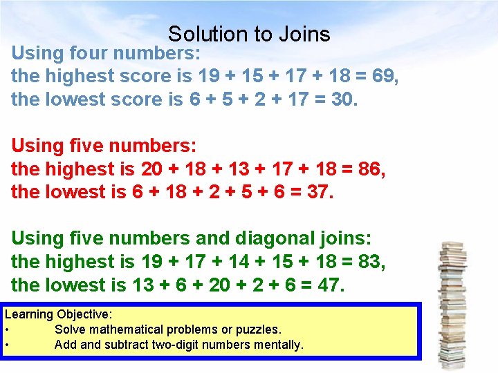 Solution to Joins Using four numbers: the highest score is 19 + 15 +