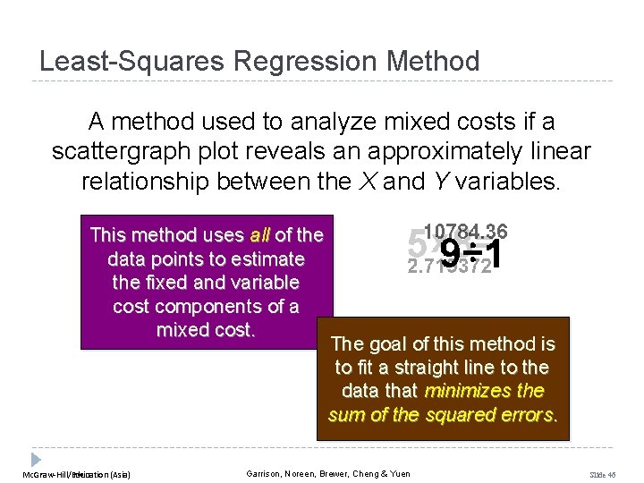 Least-Squares Regression Method A method used to analyze mixed costs if a scattergraph plot