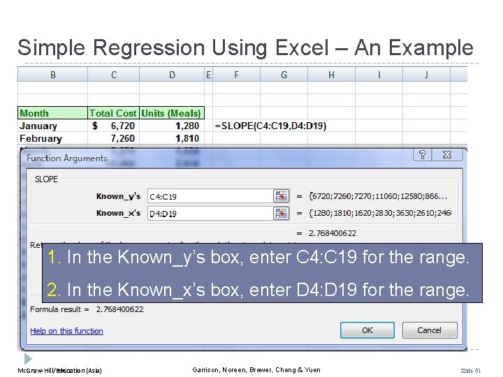 Simple Regression Using Excel – An Example 1. In the Known_y’s box, enter C