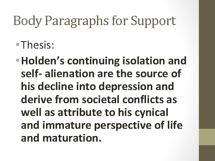 Body Paragraphs for Support • Thesis: • Holden’s continuing isolation and self- alienation are