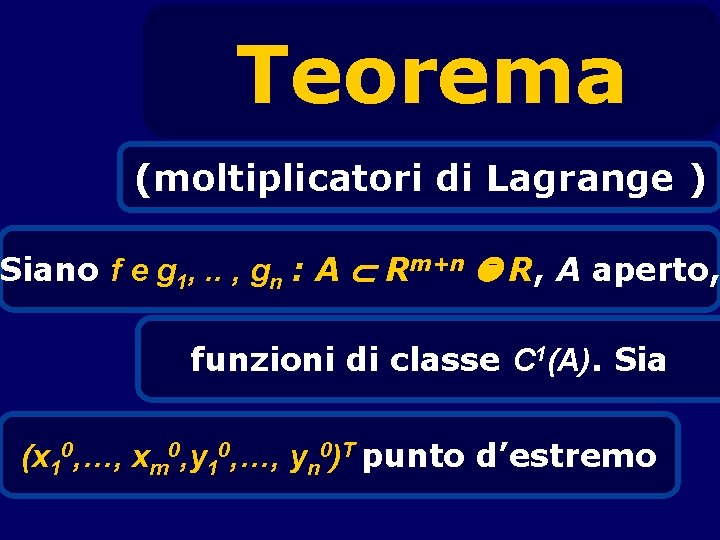 Teorema (moltiplicatori di Lagrange ) Siano f e g 1, . . , gn