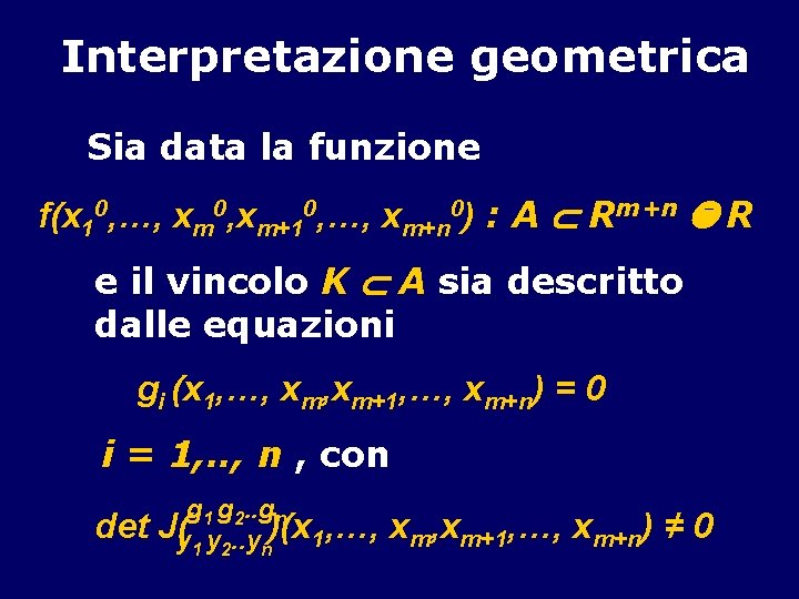 Interpretazione geometrica Sia data la funzione f(x 10, …, xm 0, xm+10, …, xm+n