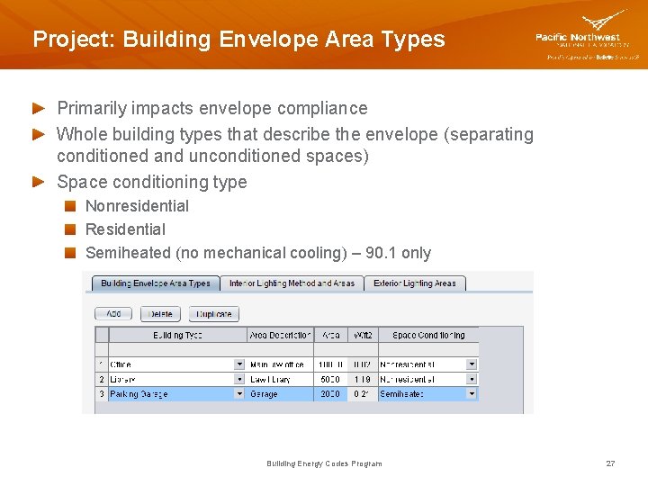 Project: Building Envelope Area Types Primarily impacts envelope compliance Whole building types that describe