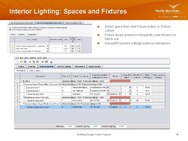 Interior Lighting: Spaces and Fixtures Select space then Add Fixture button or Fixture Library