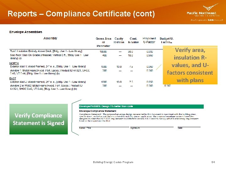 Reports – Compliance Certificate (cont) Verify area, insulation Rvalues, and Ufactors consistent with plans
