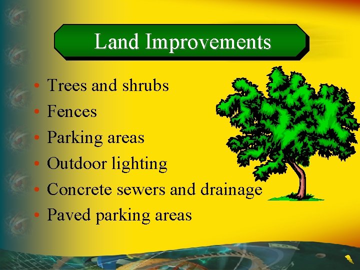 Land Improvements • • • Trees and shrubs Fences Parking areas Outdoor lighting Concrete